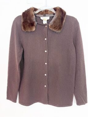 DON CASTER VINTAGE CHOCOLATE BROWN CASHMERE FUR COLLAR CARDIGAN SWEATER SZ SMALL